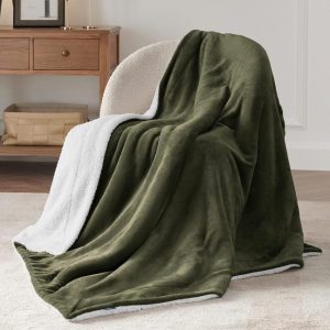 Utopia Bedding Sherpa Plush Fleece Reversible All Season Blanket (Olive Green)