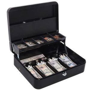 Heavy Metal Cash Box with Safe Key, 5 Coin Slots and 4 Cash Clips