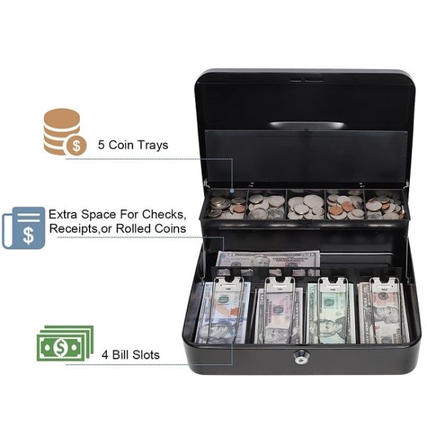 Heavy Metal Cash Box with Safe Key, 5 Coin Slots and 4 Cash Clips - Image 3