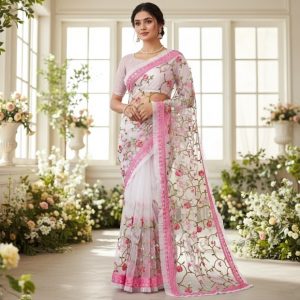 Net Pink Embroidery Party Wear Saree with Solid Blouse