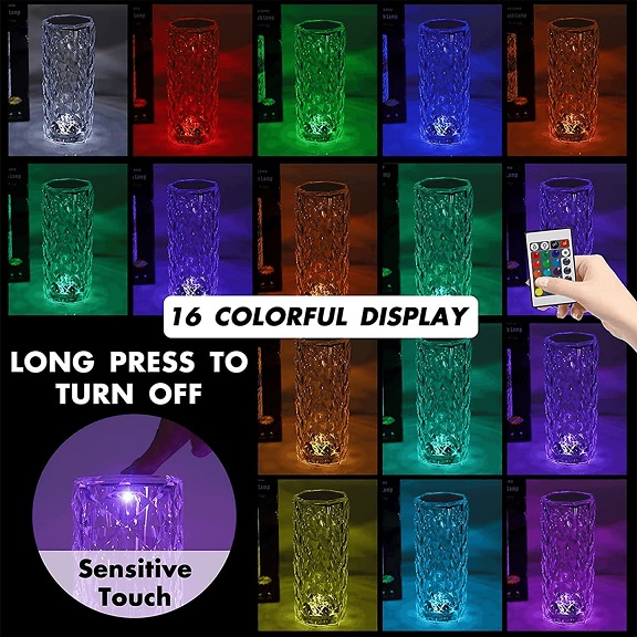 16 Color Changing Rose Crystal Diamond Table Rechargeable Lamp with remote & touch control - Image 4