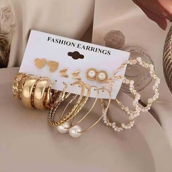 Set of 9 Gold-Plated Hoop & Stud Earrings - Image 2