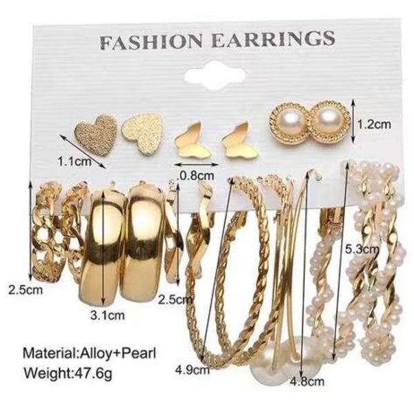 Set of 9 Gold-Plated Hoop & Stud Earrings - Image 3