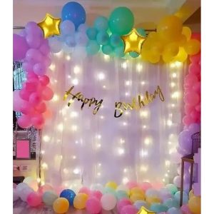 Birthday party decoration combo with Curtain & Yellow Fairy light