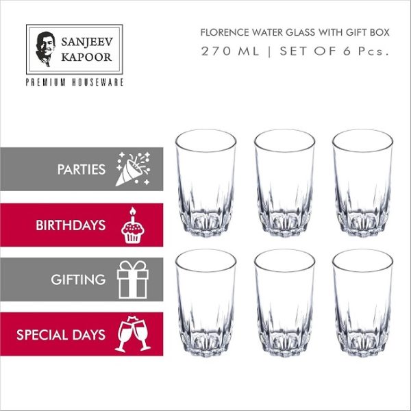 Sanjeev Kapoor Florence Set of 6 Water Glass (270 ml) - Image 4