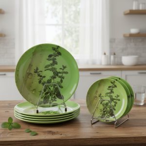 Melamine Pudina Leaf Plates 8 Piece Combo Set  (4 Full Plate + 4 Half Plate) - 10.5 inch & 8 inch