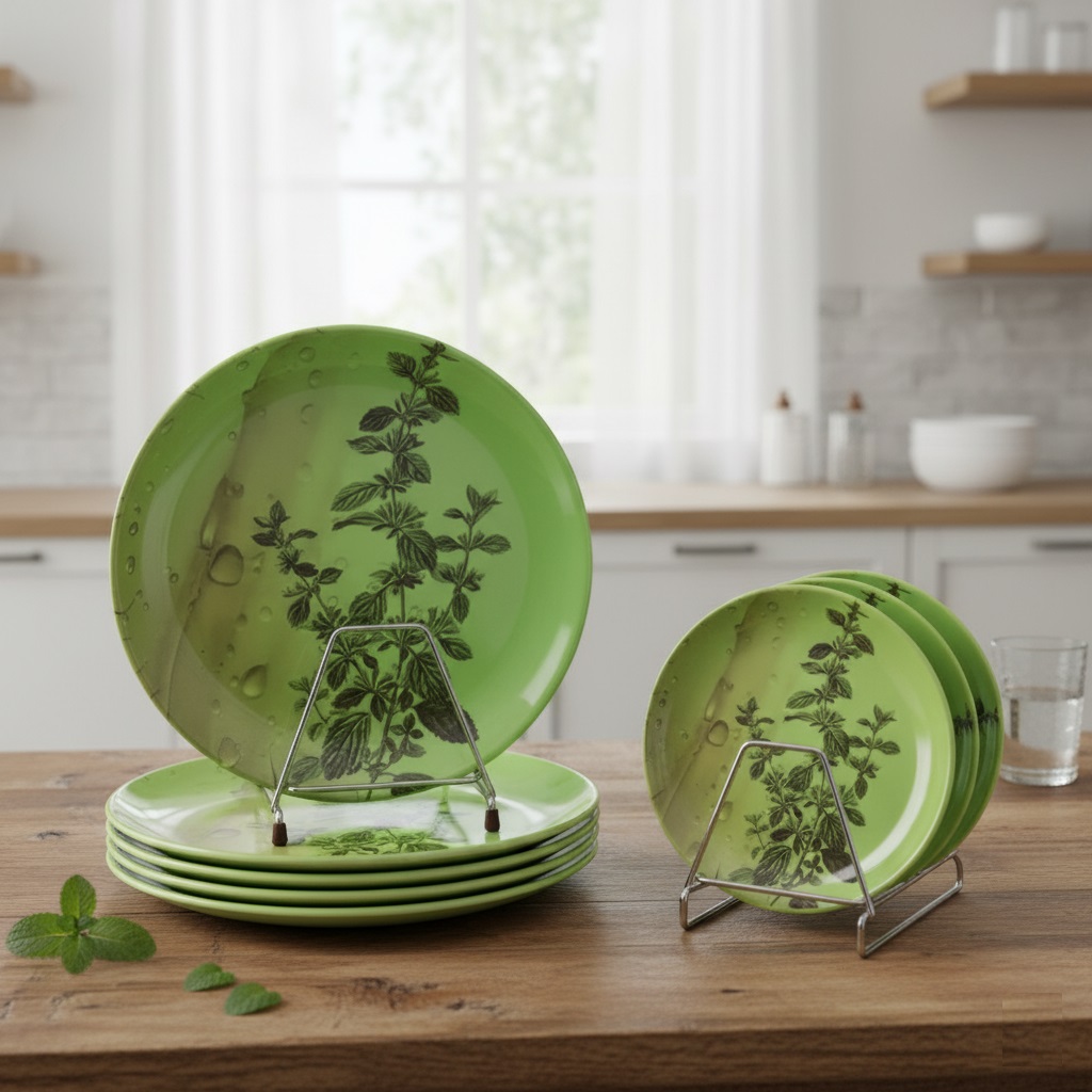 Melamine Pudina Leaf Plates 8 Piece Combo Set (4 Full Plate + 4 Half Plate) - 10.5 inch & 8 inch