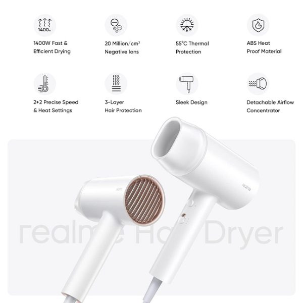 Realme Hair Dryer with Ionic Technology, Dual Temperature & Speed Settings (1400 Watts) - Image 2