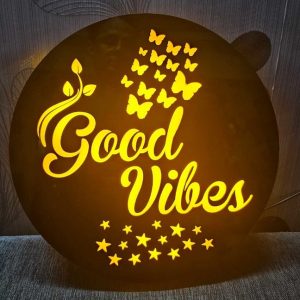 Good Vibes Round Shape Wooden LED Board
