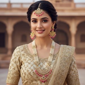 Sovereign Pearl & Kundan Peach Drops Long Necklace Set