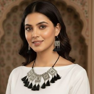 Ethnic Black Tassel Dark Charm Oxidized Necklace Set