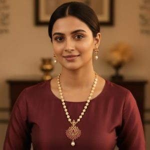 Gold Tone Beaded Pearl and Ruby Drop Necklace Set