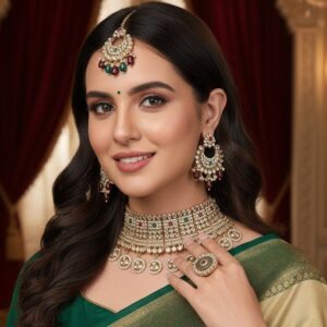 Majestic Shahi Noor Green and Maroon Necklace Set with Ring