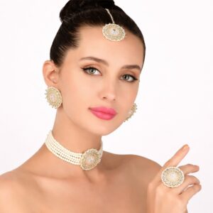 Royal Peach Meenakari Crystal Cascade Choker Necklace Set with Finger Ring