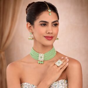 Shahi Green Heirloom Choker Necklace Set with Finger Ring