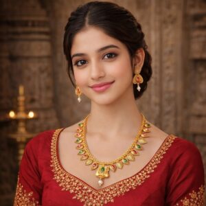 Gold Toned Pink and Green Stone Studded Temple Necklace Set